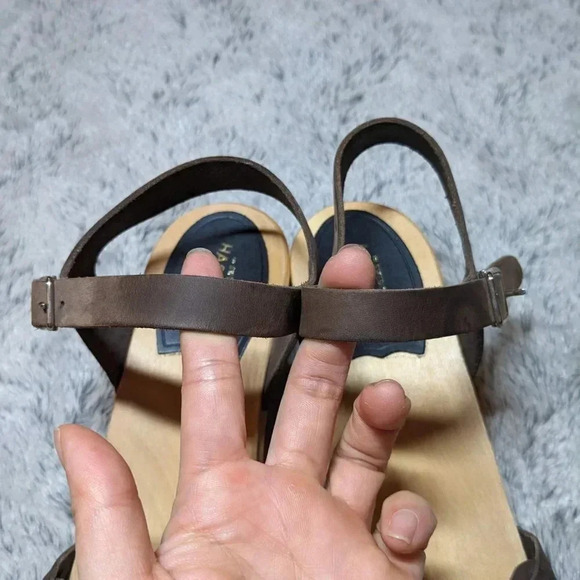 Swedish Hasbeens Brown Sandals Tan Wooden Leather Open Toe Clogs Size 40 US 10 - Picture 9 of 12